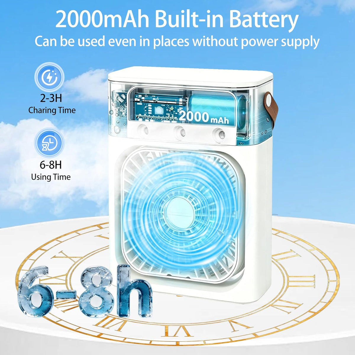 Portable Air Conditioners, 2000mAh Rechargeable Mini Air Cooler Fans, 500ML Personal Portable AC Unit with 3 Speed, 2 Spray, 7 Color, 3 Timer, Small Desktop Cooling Fan for Bedroom Office (White)