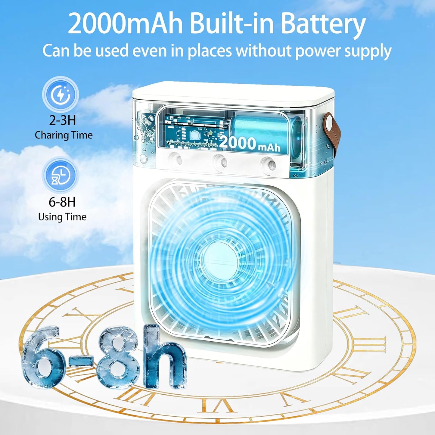 Portable Air Conditioners, 2000mAh Rechargeable Mini Air Cooler Fans, 500ML Personal Portable AC Unit with 3 Speed, 2 Spray, 7 Color, 3 Timer, Small Desktop Cooling Fan for Bedroom Office (White)