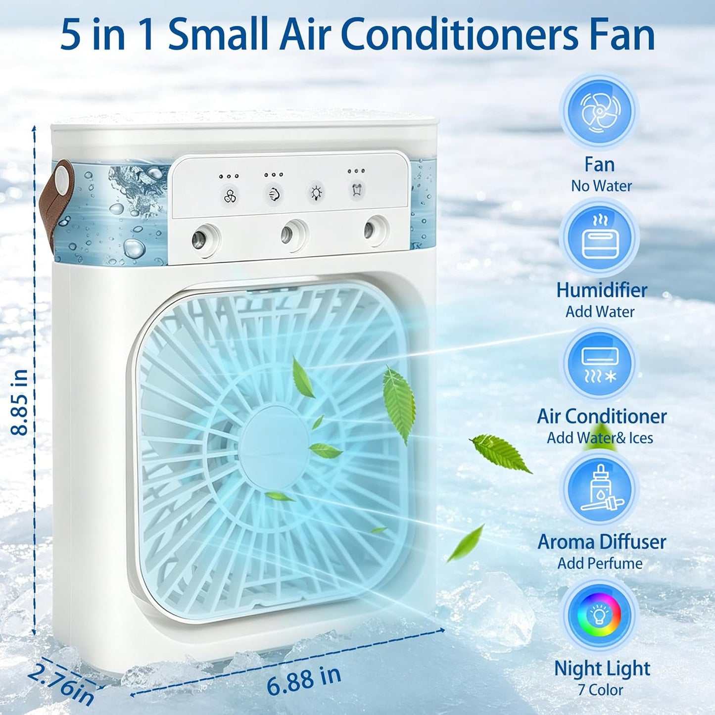 Portable Air Conditioners, 2000mAh Rechargeable Mini Air Cooler Fans, 500ML Personal Portable AC Unit with 3 Speed, 2 Spray, 7 Color, 3 Timer, Small Desktop Cooling Fan for Bedroom Office (White)