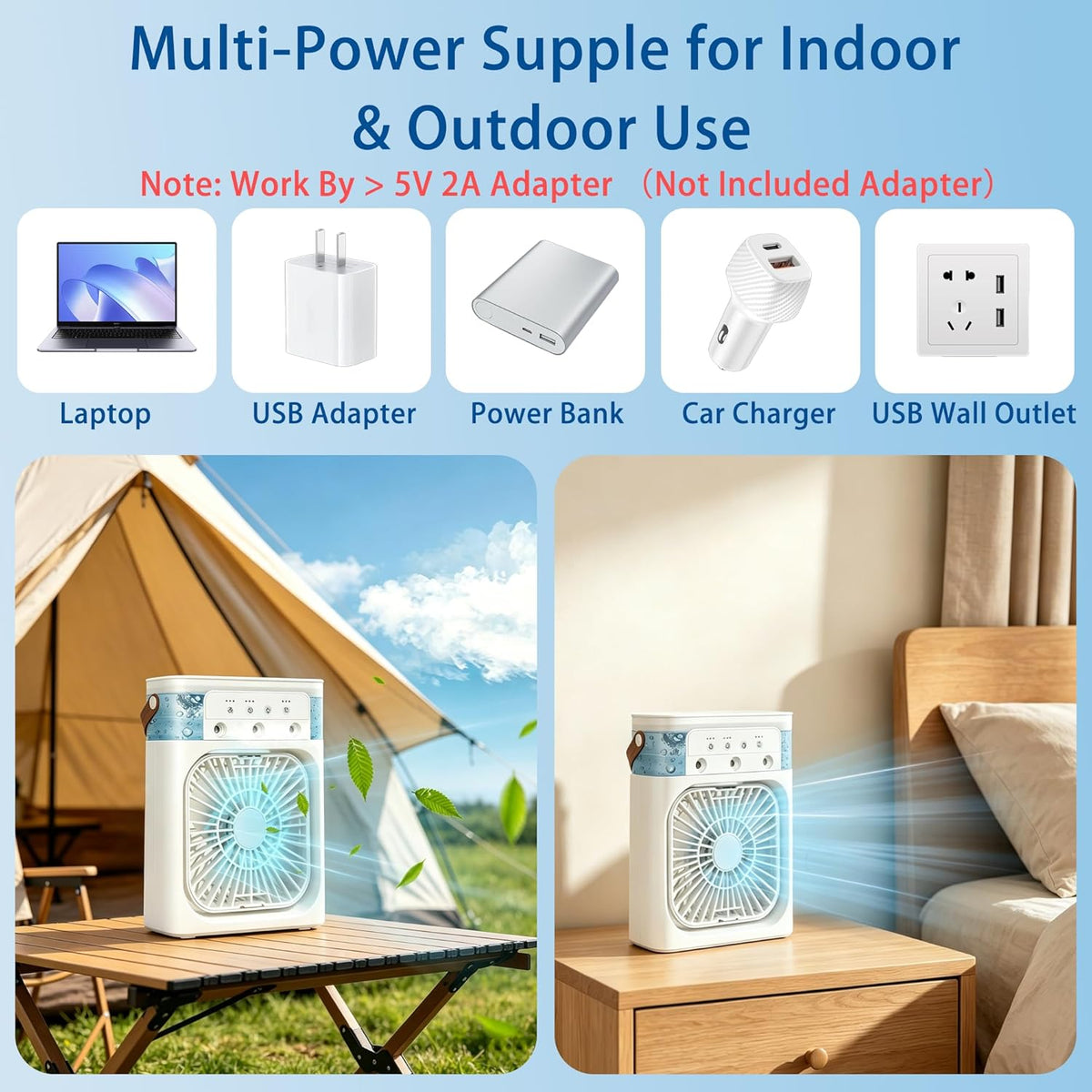 Portable Air Conditioners, 2000mAh Rechargeable Mini Air Cooler Fans, 500ML Personal Portable AC Unit with 3 Speed, 2 Spray, 7 Color, 3 Timer, Small Desktop Cooling Fan for Bedroom Office (White)